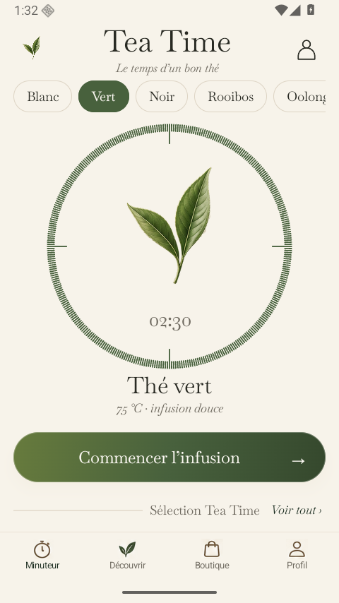 Tea Time : minuteur d’infusion et sélection du thé vert.